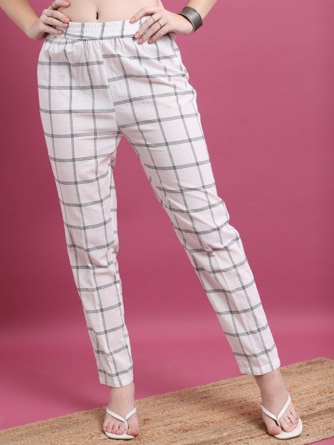 Vishudh Women Off White Checked Regular Fit Casual Trouser - Off White - Image 6