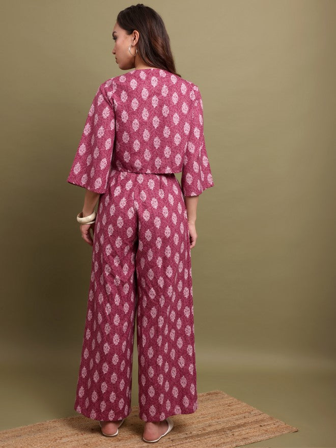 Vishudh Women Purple Printed Top With Palazzo - Purple - Image 3