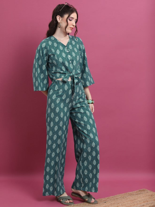 Vishudh Women Teal Printed Top With Palazzo - Teal - Image 2