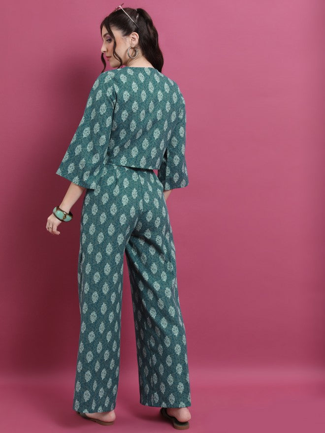 Vishudh Women Teal Printed Top With Palazzo - Teal - Image 3