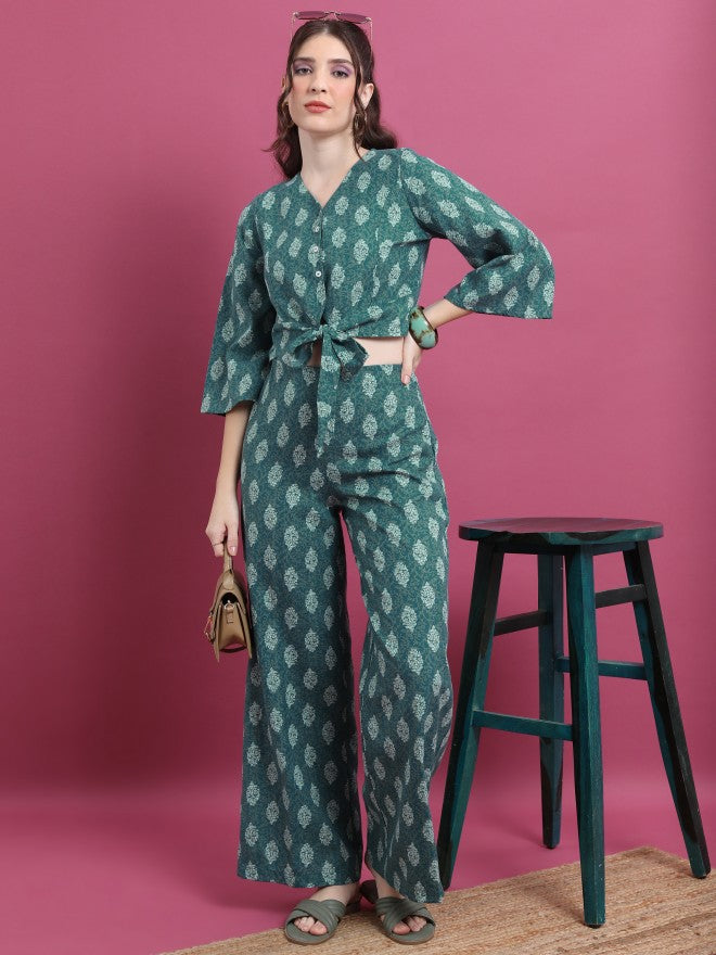 Vishudh Women Teal Printed Top With Palazzo - Teal - Image 4