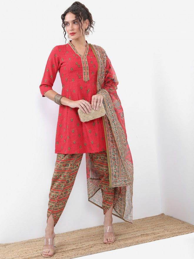 Vishudh Women Red Printed Kurta With Dhoti Pant And Dupatta - Red - Image 1
