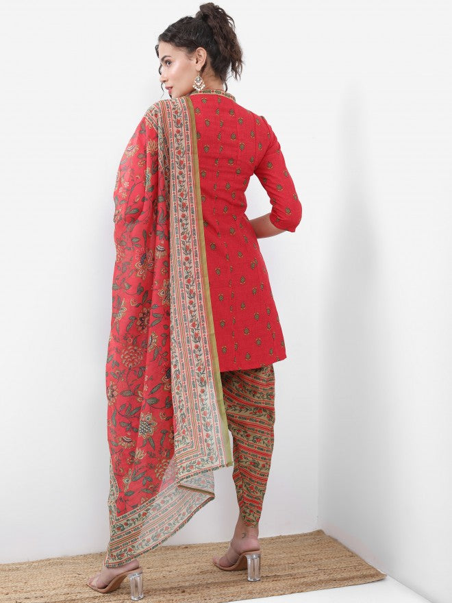 Vishudh Women Red Printed Kurta With Dhoti Pant And Dupatta - Red - Image 3