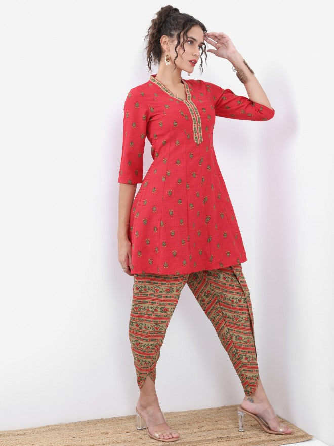 Vishudh Women Red Printed Kurta With Dhoti Pant And Dupatta - Red - Image 4