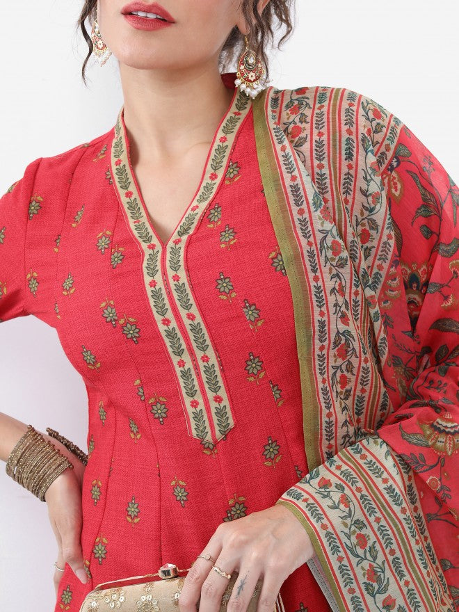 Vishudh Women Red Printed Kurta With Dhoti Pant And Dupatta - Red - Image 5