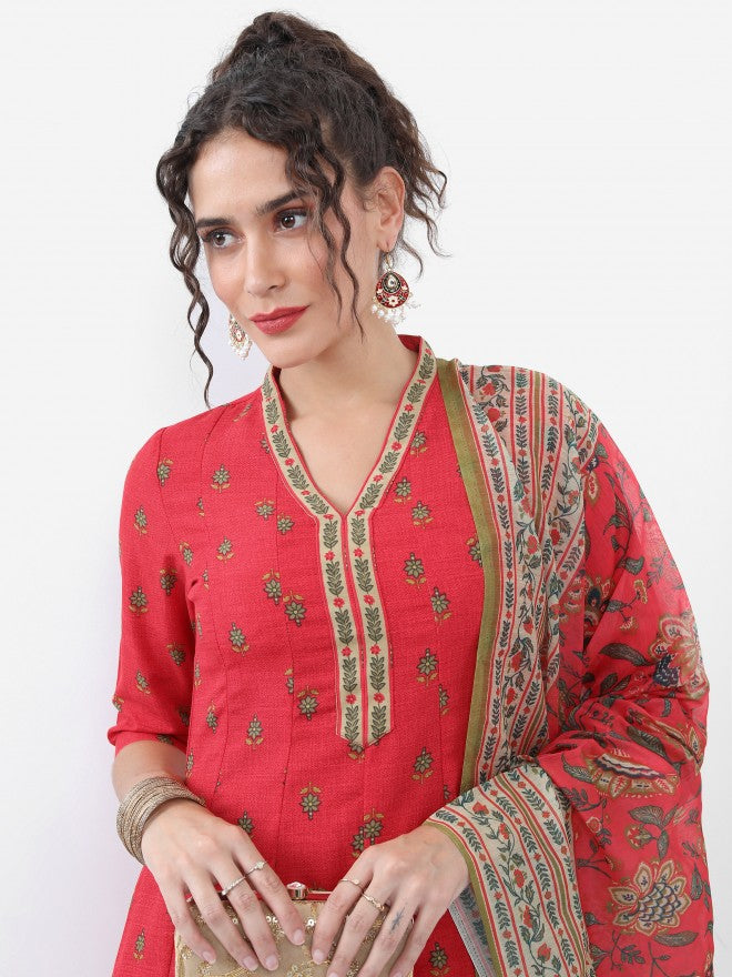 Vishudh Women Red Printed Kurta With Dhoti Pant And Dupatta - Red - Image 8