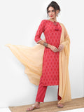 Vishudh Women Red Printed Kurta With Trouser And Dupatta - Red - Image 1