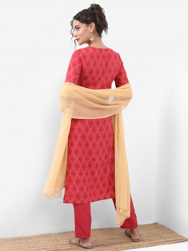 Vishudh Women Red Printed Kurta With Trouser And Dupatta - Red - Image 3