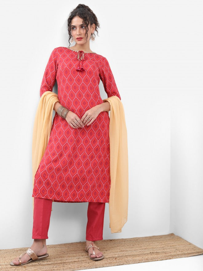 Vishudh Women Red Printed Kurta With Trouser And Dupatta - Red - Image 4