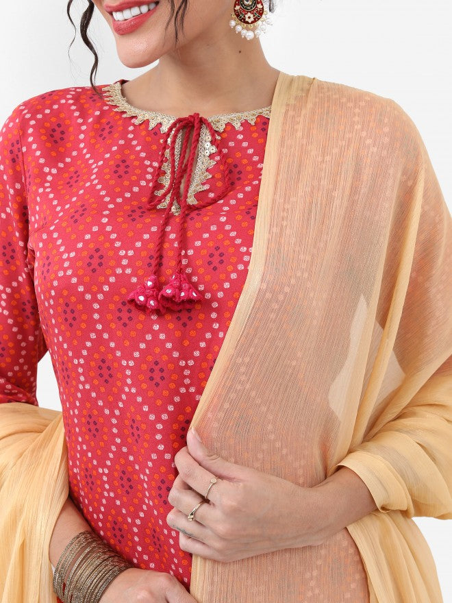 Vishudh Women Red Printed Kurta With Trouser And Dupatta - Red - Image 5