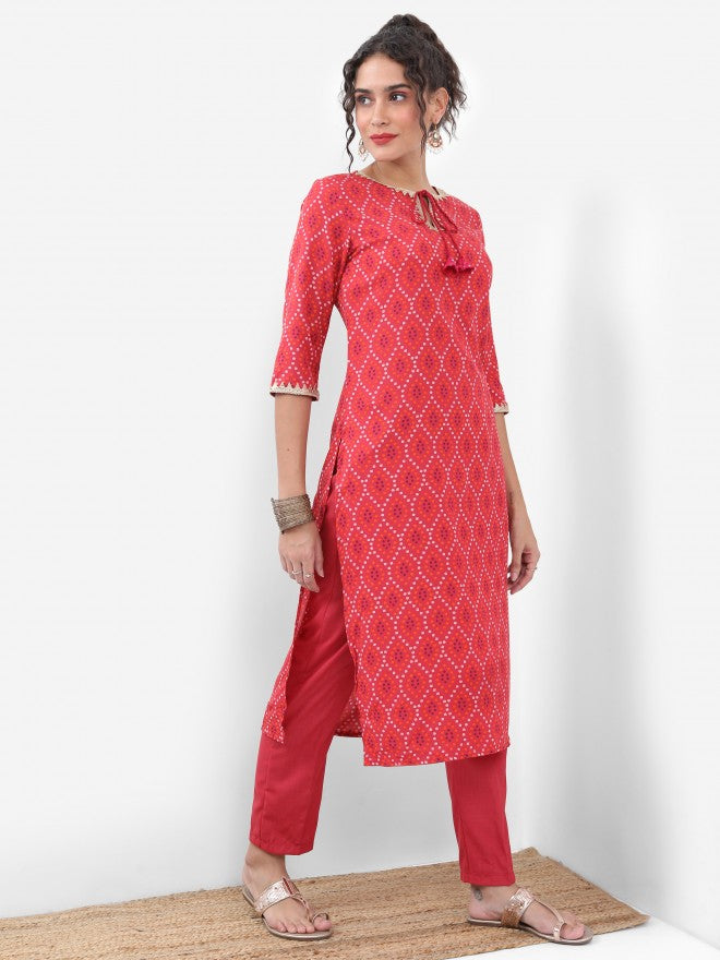 Vishudh Women Red Printed Kurta With Trouser And Dupatta - Red - Image 6