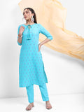 Vishudh Women Turquoise Printed Kurta With Trouser - Turquoise - Image 1