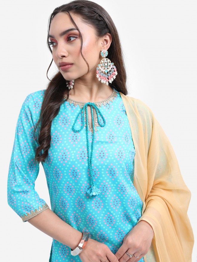 Vishudh Women Turquoise Printed Kurta With Trouser - Turquoise - Image 2