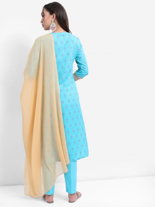 Vishudh Women Turquoise Printed Kurta With Trouser - Turquoise - Image 3
