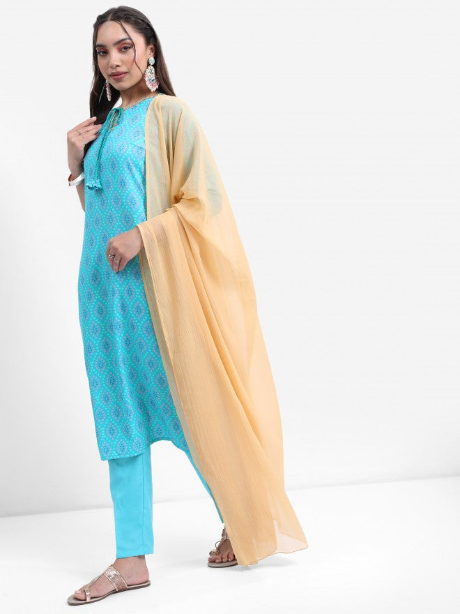 Vishudh Women Turquoise Printed Kurta With Trouser - Turquoise - Image 4
