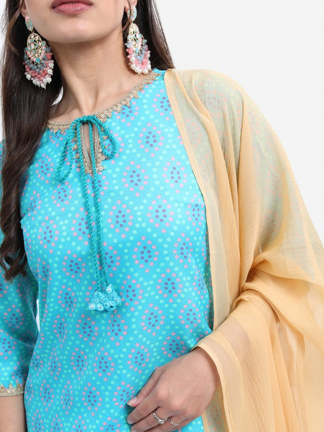 Vishudh Women Turquoise Printed Kurta With Trouser - Turquoise - Image 5