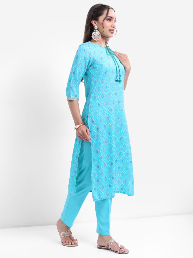 Vishudh Women Turquoise Printed Kurta With Trouser - Turquoise - Image 6