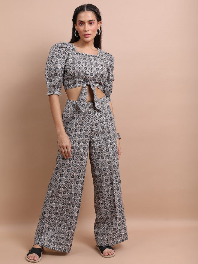 Vishudh Women Black/Grey Printed Crop Top With Palazzo - Black - Image 1