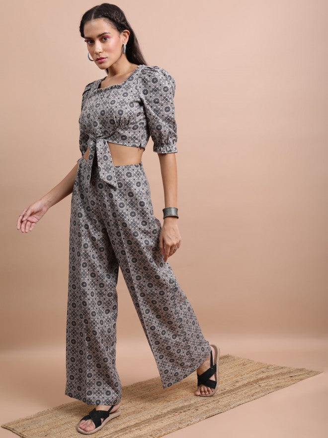 Vishudh Women Black/Grey Printed Crop Top With Palazzo - Black - Image 2