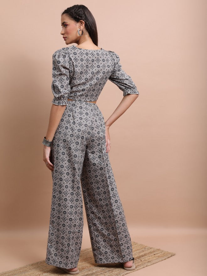 Vishudh Women Black/Grey Printed Crop Top With Palazzo - Black - Image 3