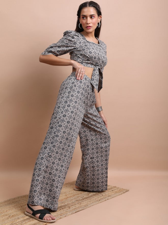 Vishudh Women Black/Grey Printed Crop Top With Palazzo - Black - Image 4