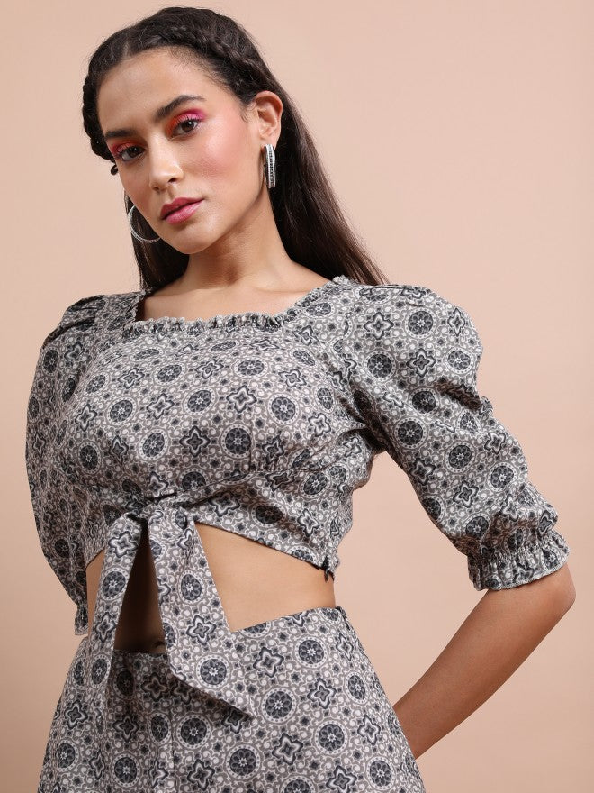 Vishudh Women Black/Grey Printed Crop Top With Palazzo - Black - Image 8
