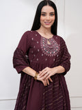 Vishudh Women Burgundy Embroidered Kurta With Palazzo And Dupatta - Burgundy - Image 1