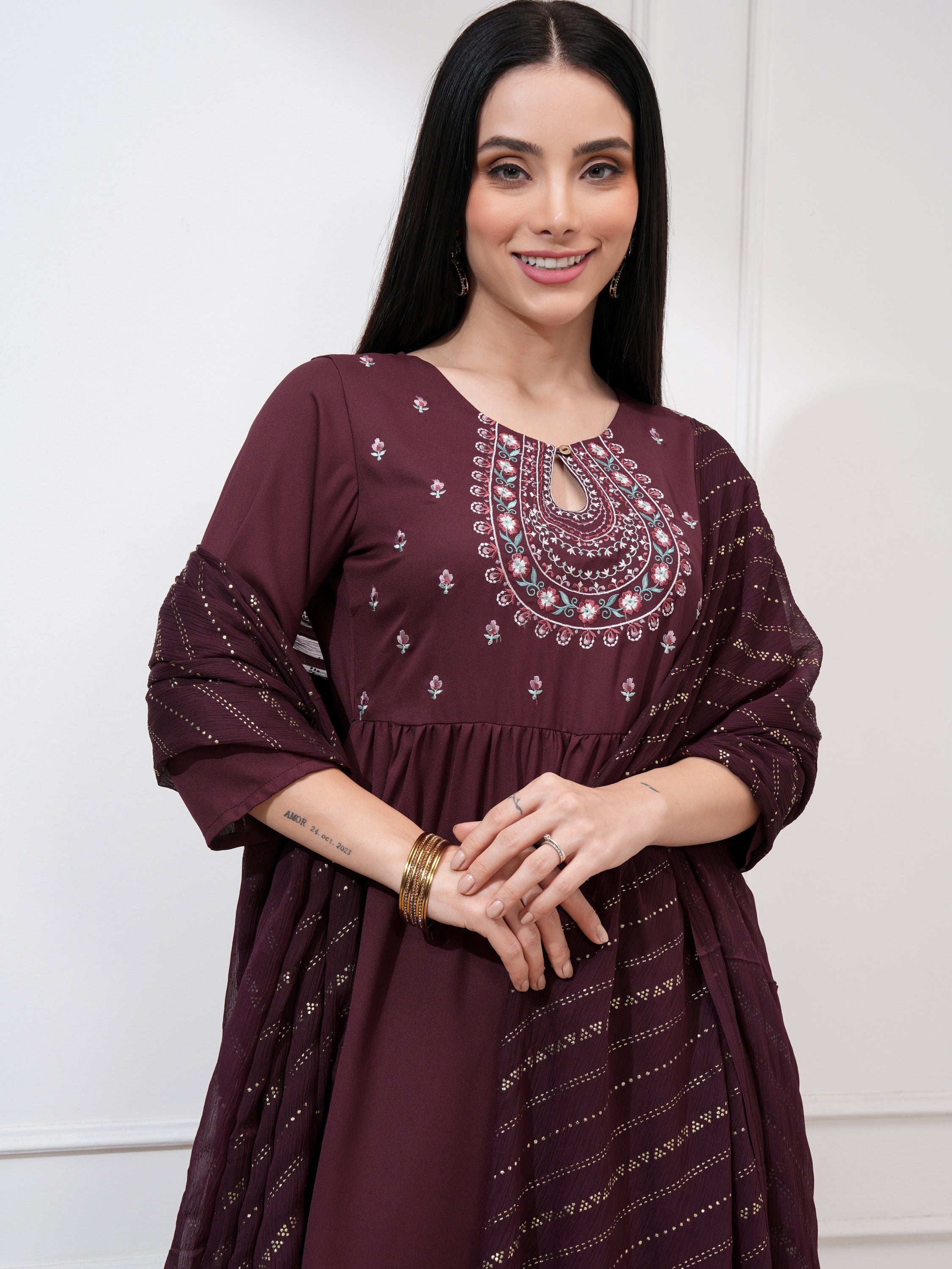 Vishudh Women Burgundy Embroidered Kurta With Palazzo And Dupatta - Burgundy - Image 1