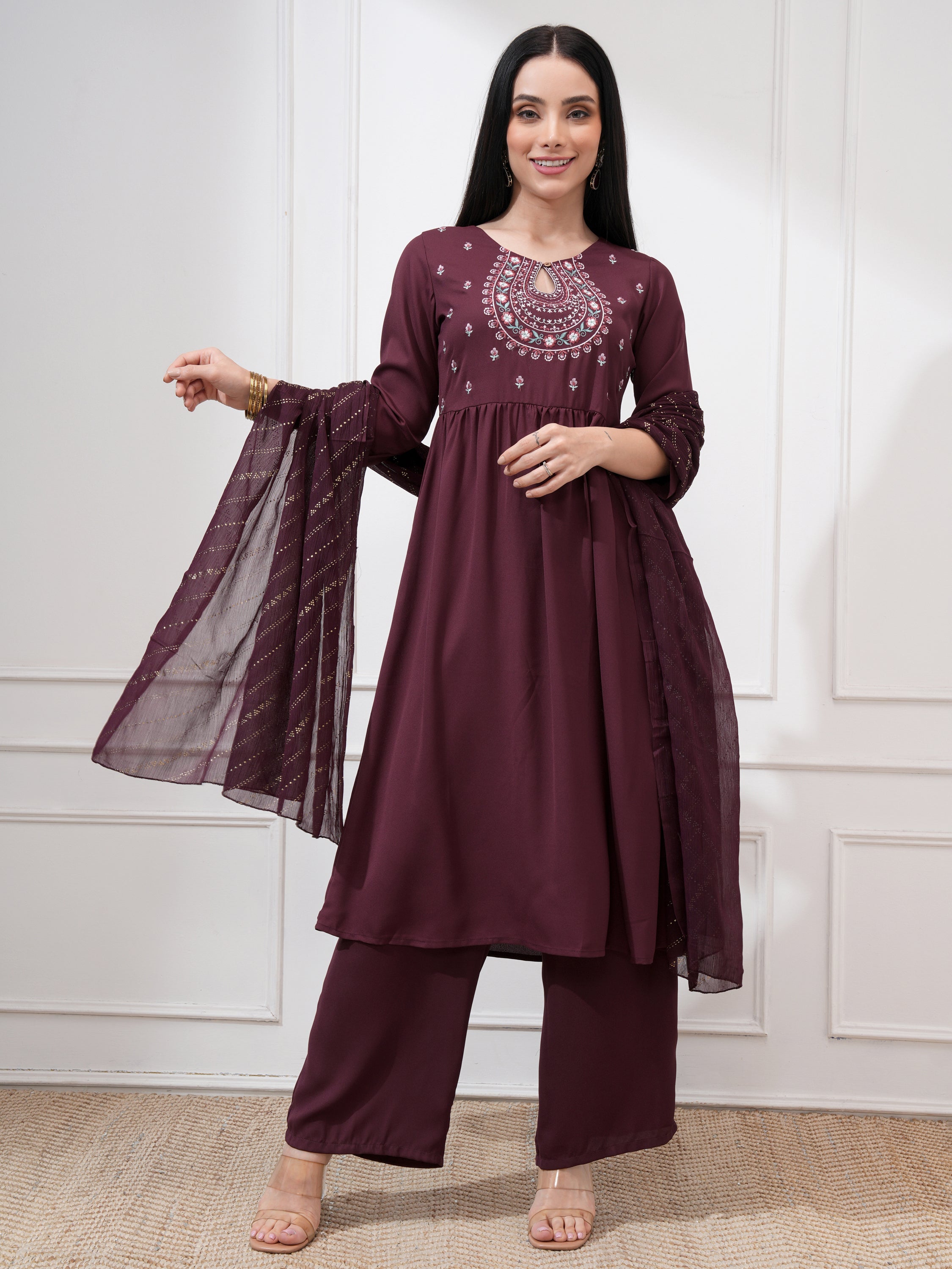 Vishudh Women Burgundy Embroidered Kurta With Palazzo And Dupatta - Burgundy - Image 2