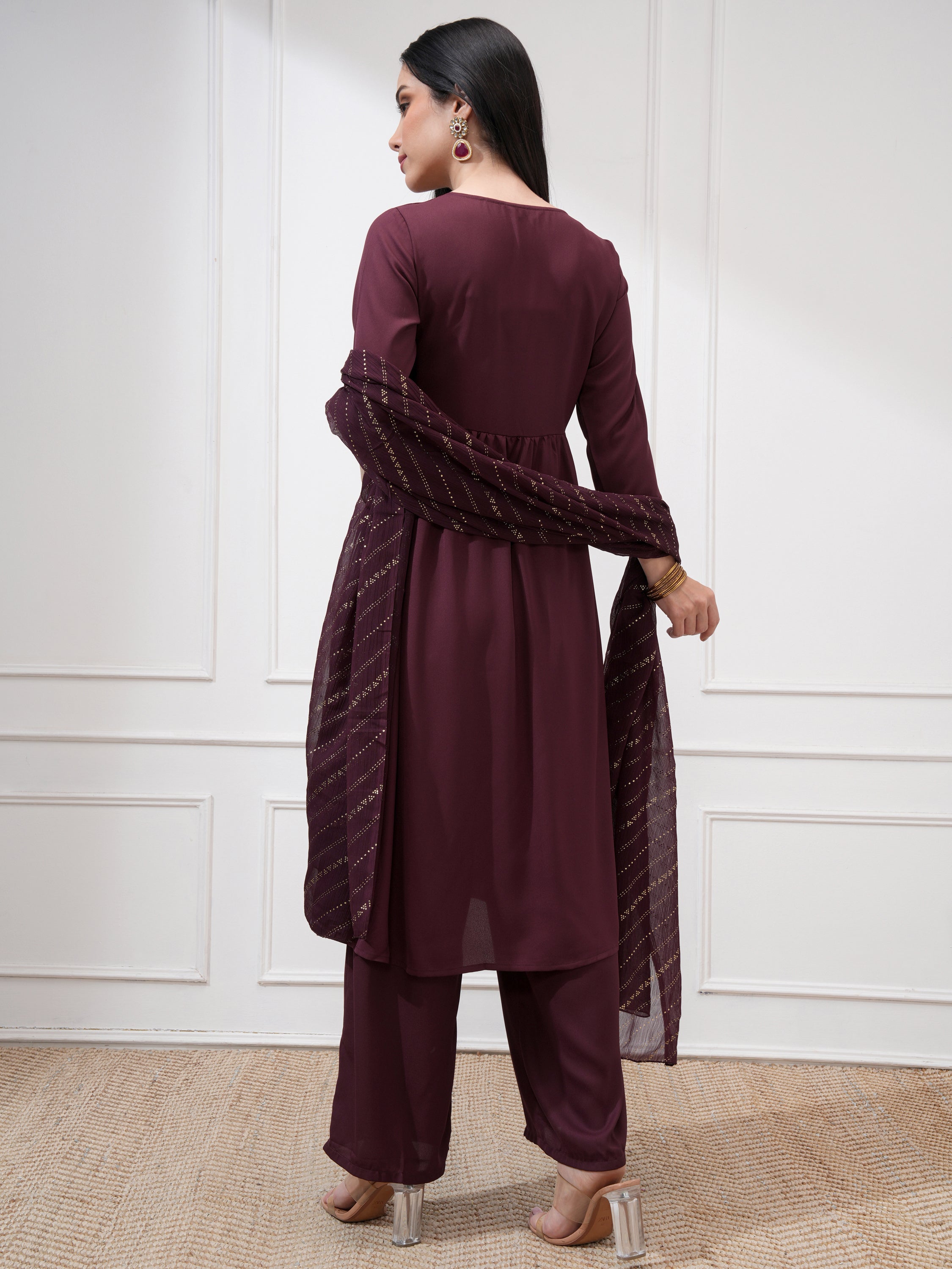 Vishudh Women Burgundy Embroidered Kurta With Palazzo And Dupatta - Burgundy - Image 3