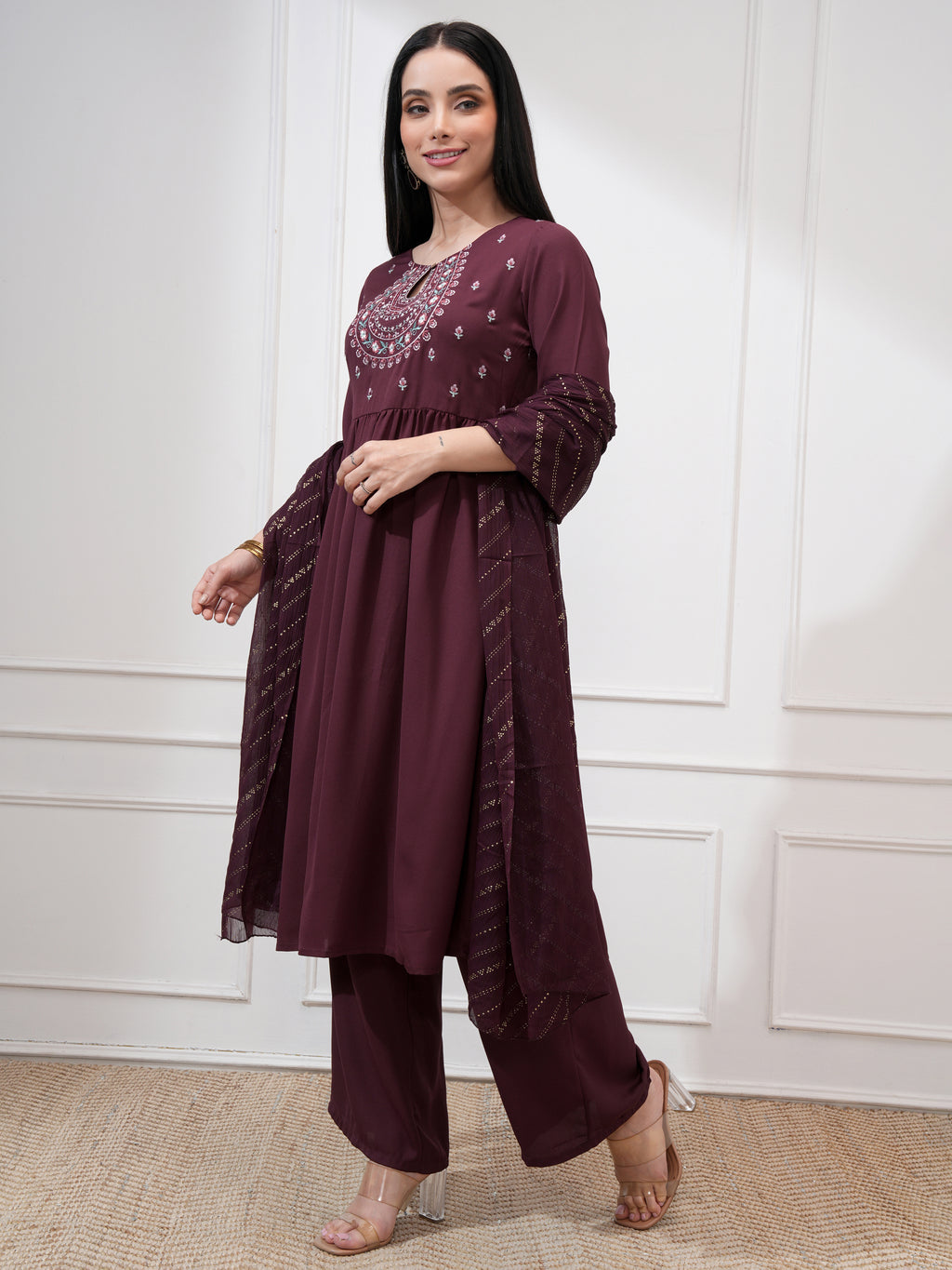 Vishudh Women Burgundy Embroidered Kurta With Palazzo And Dupatta - Burgundy - Image 4