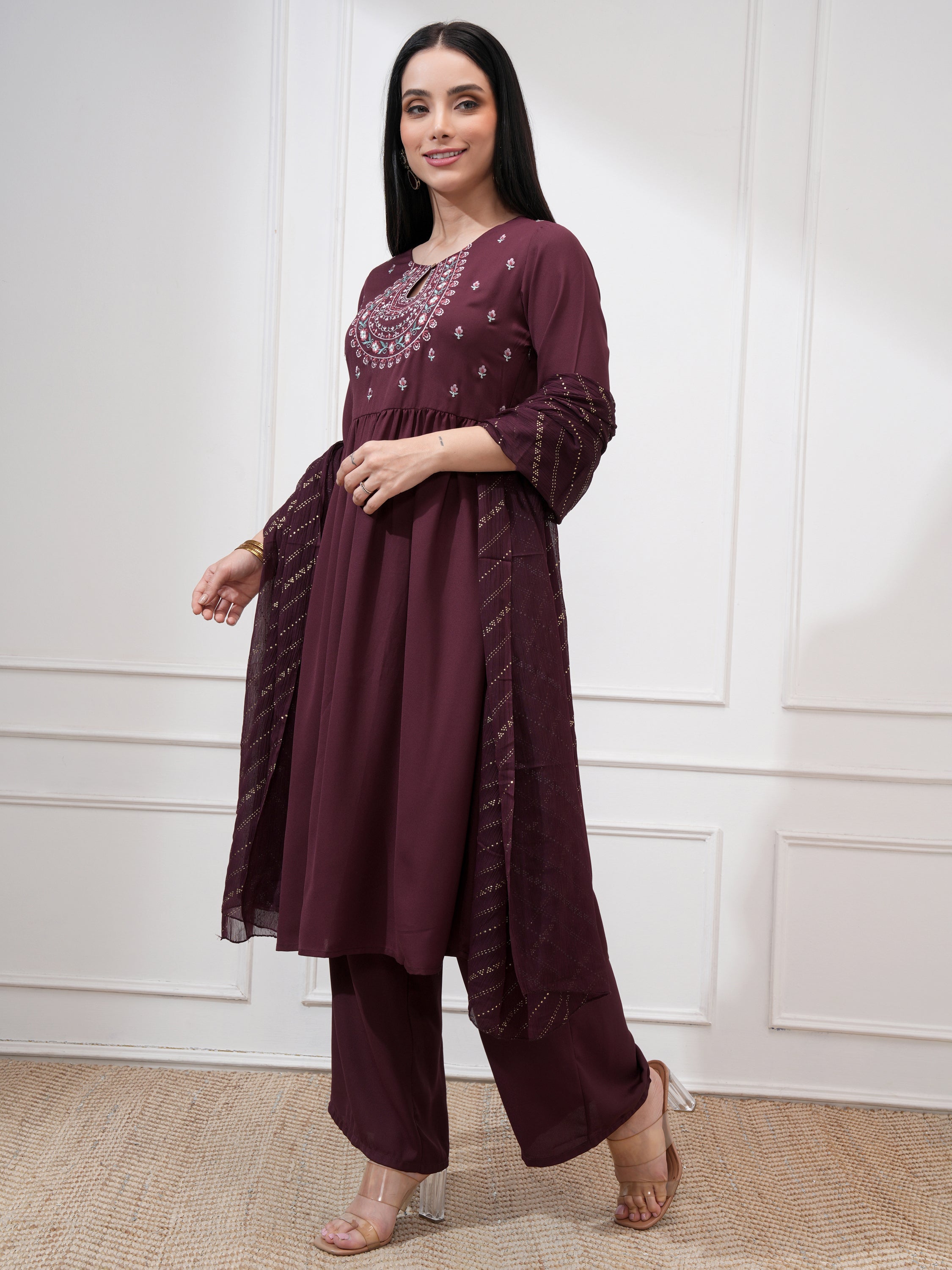 Vishudh Women Burgundy Embroidered Kurta With Palazzo And Dupatta - Burgundy - Image 4