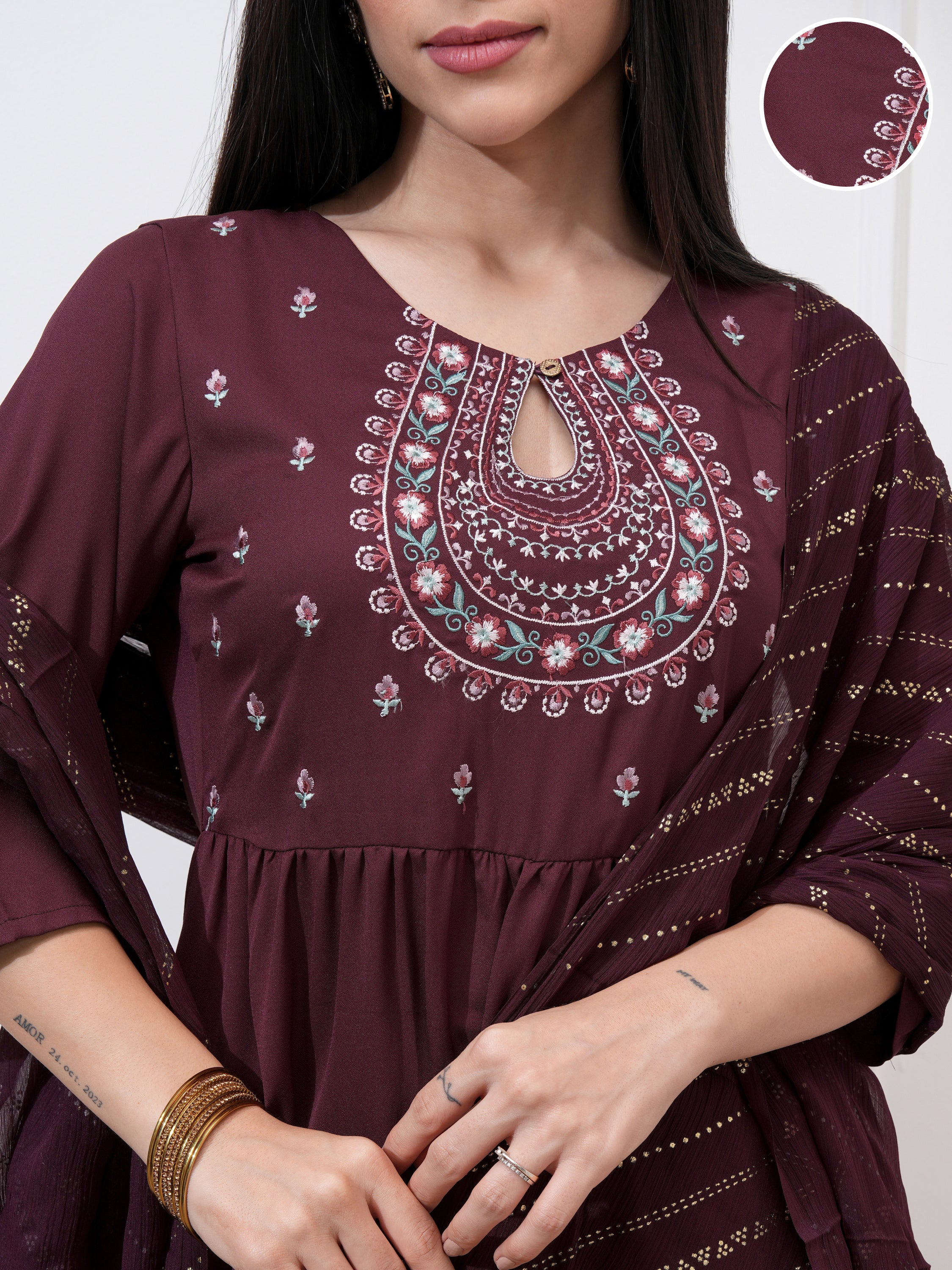 Vishudh Women Burgundy Embroidered Kurta With Palazzo And Dupatta - Burgundy - Image 5