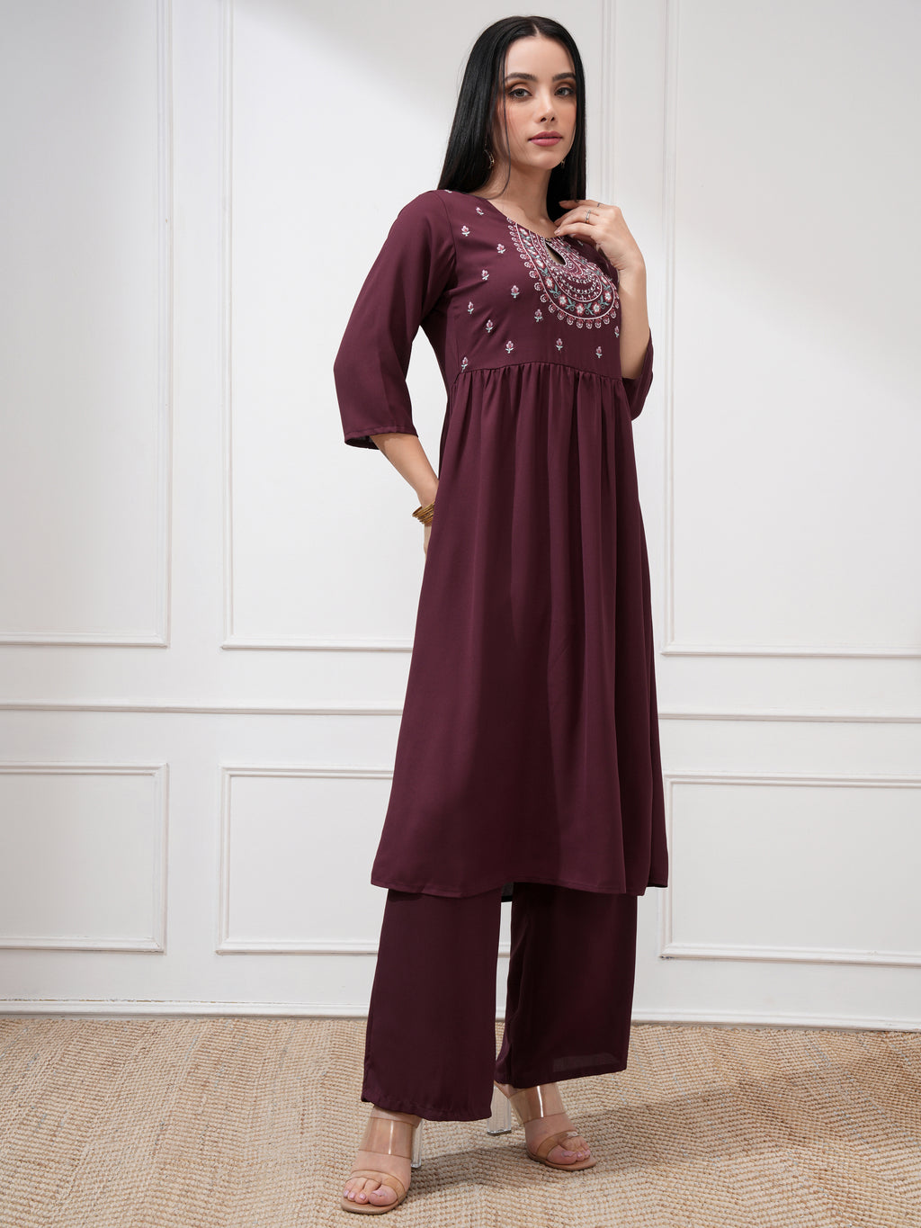 Vishudh Women Burgundy Embroidered Kurta With Palazzo And Dupatta - Burgundy - Image 6