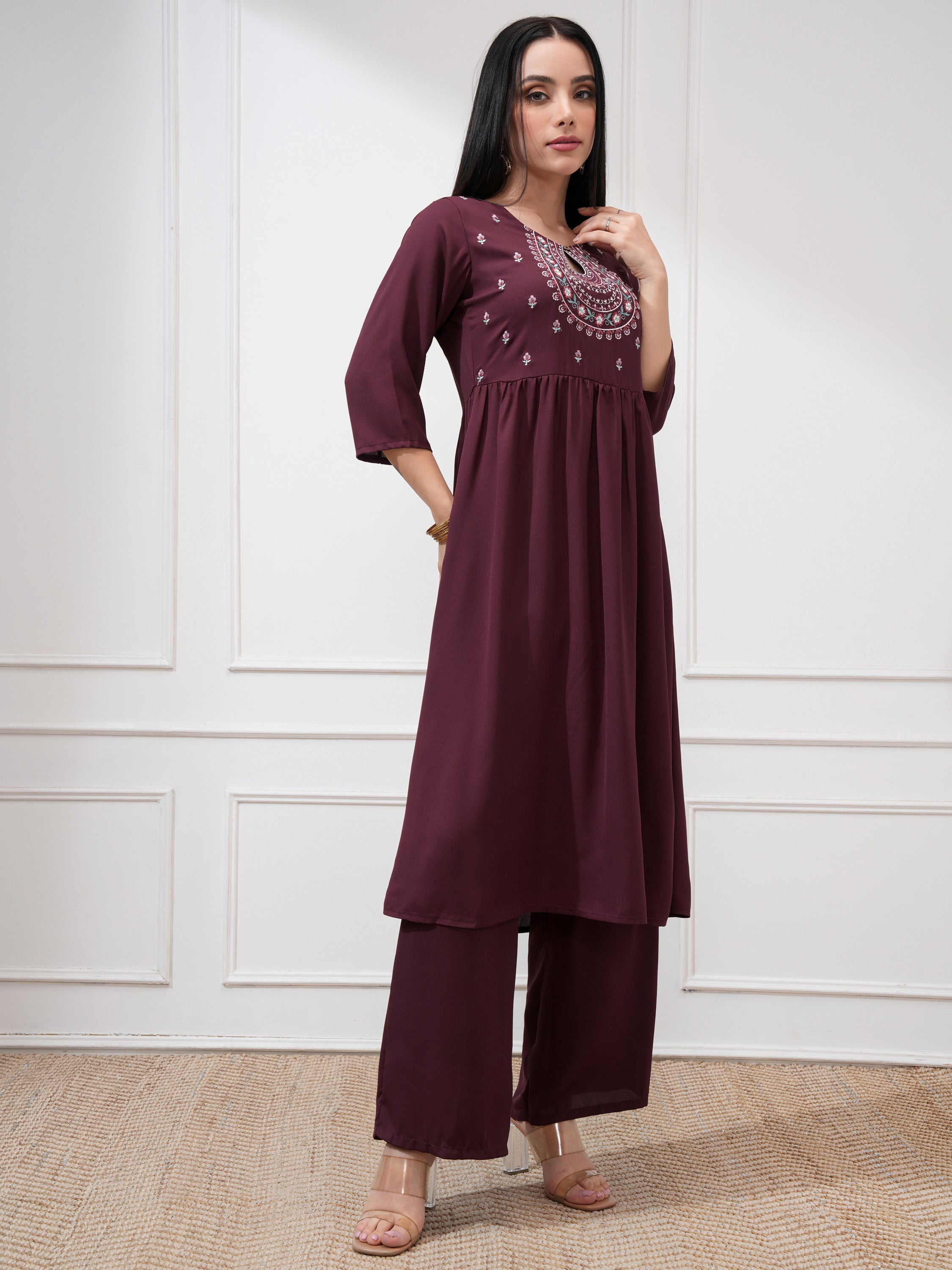 Vishudh Women Burgundy Embroidered Kurta With Palazzo And Dupatta - Burgundy - Image 6