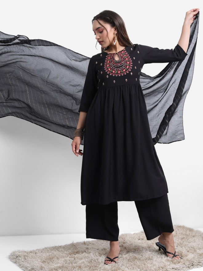 Vishudh Women Black Embroidered Kurta With Palazzo And Dupatta - Black - Image 1