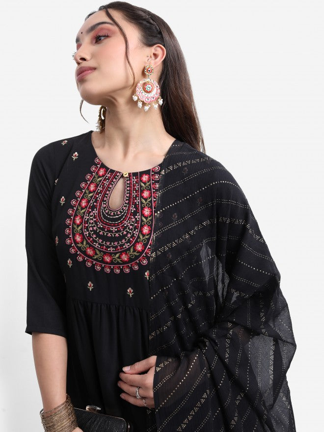 Vishudh Women Black Embroidered Kurta With Palazzo And Dupatta - Black - Image 2