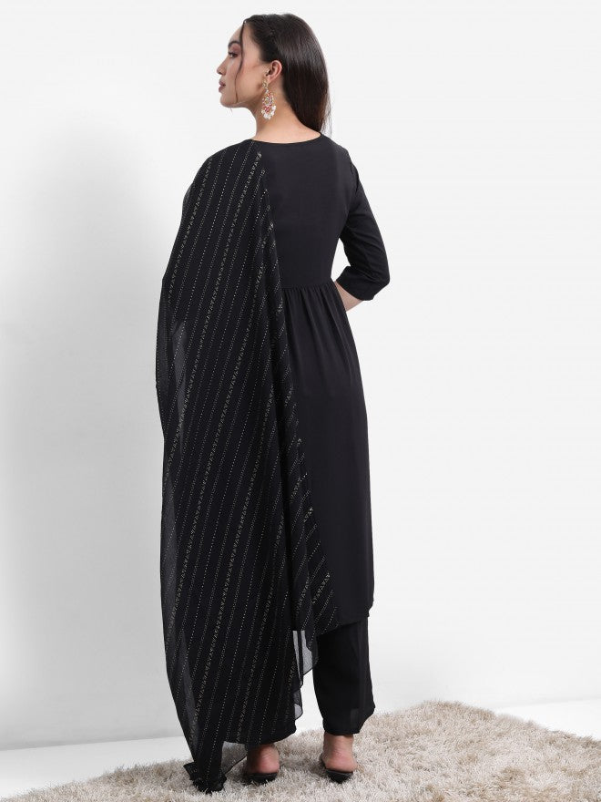 Vishudh Women Black Embroidered Kurta With Palazzo And Dupatta - Black - Image 3
