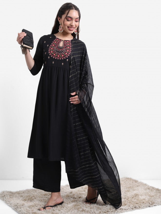 Vishudh Women Black Embroidered Kurta With Palazzo And Dupatta - Black - Image 4