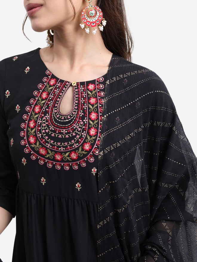 Vishudh Women Black Embroidered Kurta With Palazzo And Dupatta - Black - Image 5