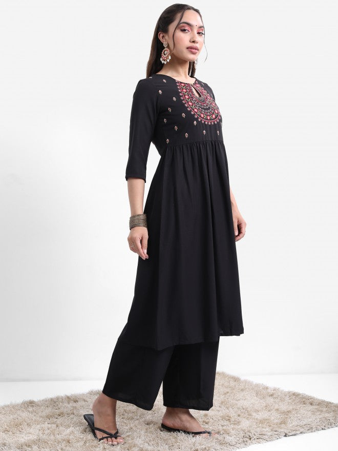 Vishudh Women Black Embroidered Kurta With Palazzo And Dupatta - Black - Image 6