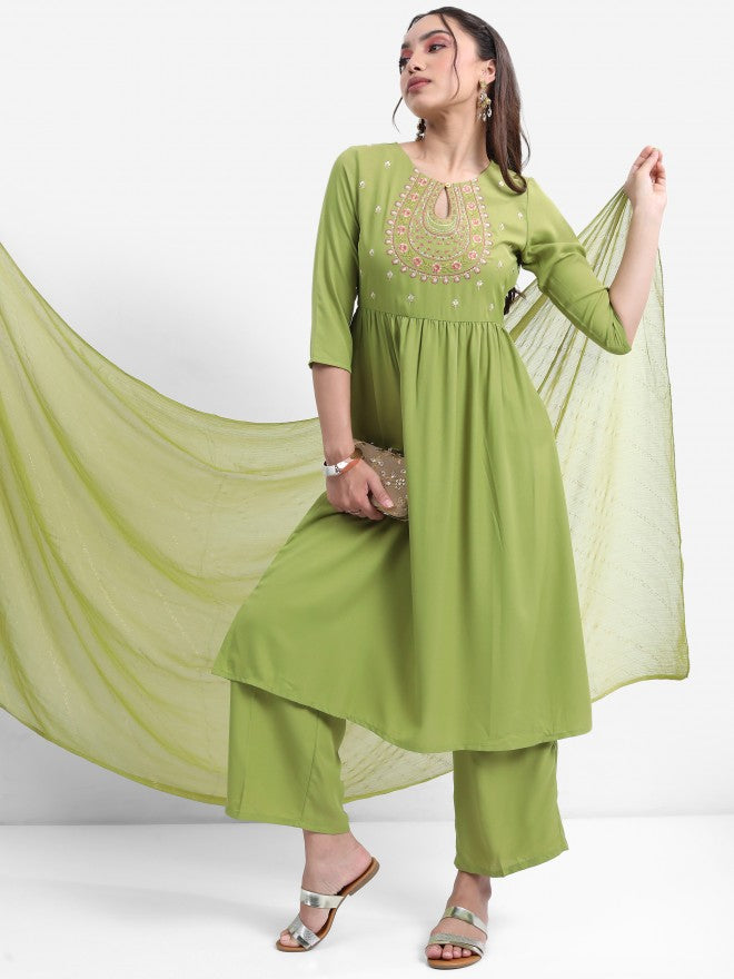 Vishudh Women Green Embroidered Kurta With Palazzo And Dupatta - Green - Image 1
