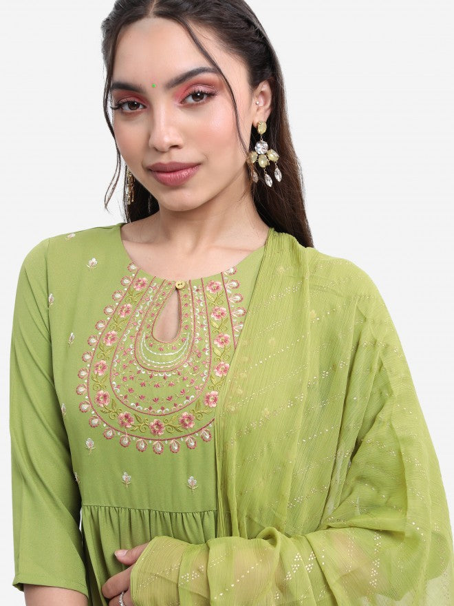 Vishudh Women Green Embroidered Kurta With Palazzo And Dupatta - Green - Image 2