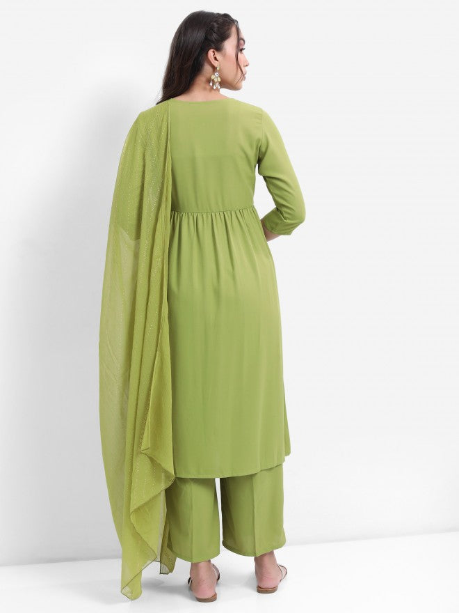 Vishudh Women Green Embroidered Kurta With Palazzo And Dupatta - Green - Image 3