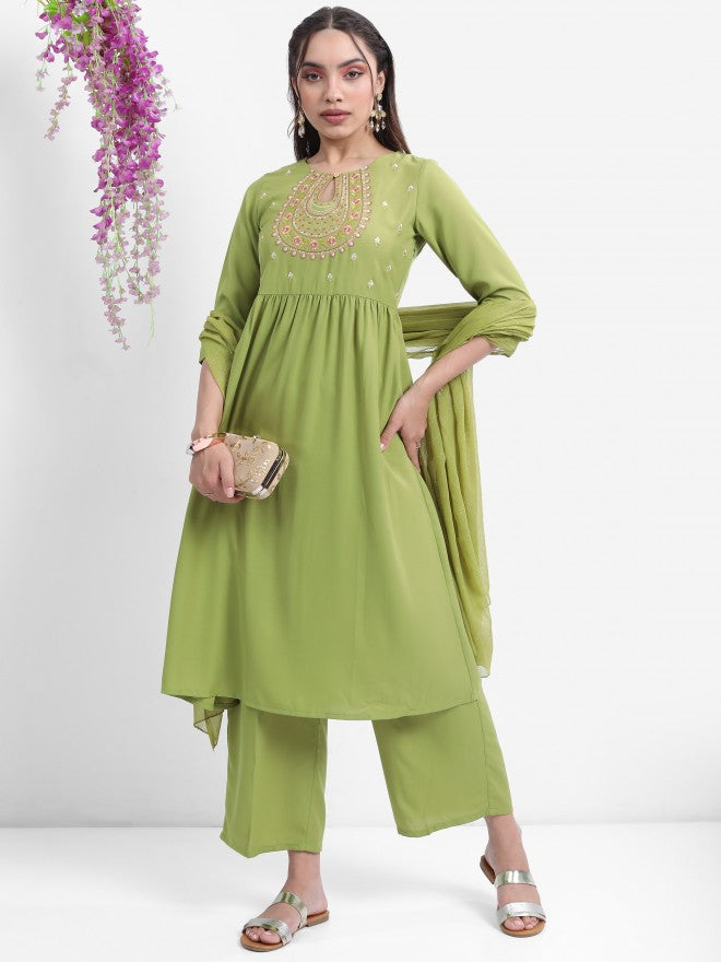 Vishudh Women Green Embroidered Kurta With Palazzo And Dupatta - Green - Image 4