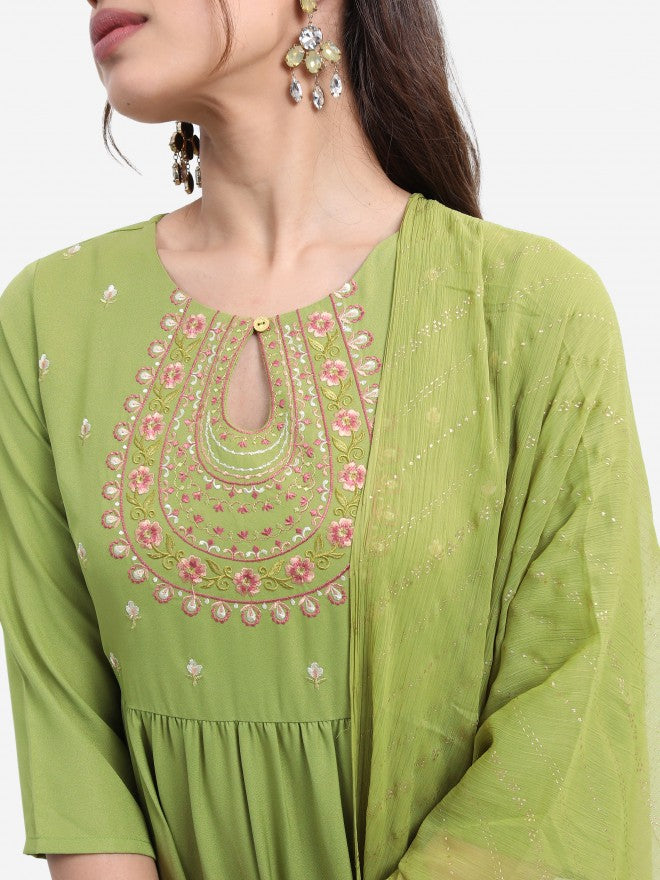 Vishudh Women Green Embroidered Kurta With Palazzo And Dupatta - Green - Image 5