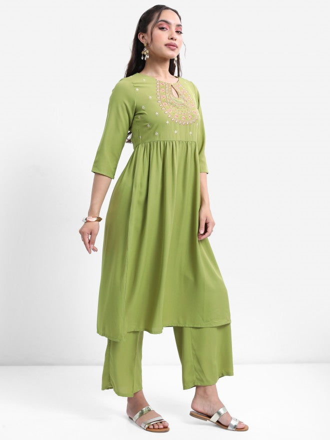 Vishudh Women Green Embroidered Kurta With Palazzo And Dupatta - Green - Image 6