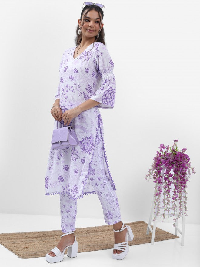 Vishudh Women Lavender Printed Kurta With Trouser - Lavender - Image 1