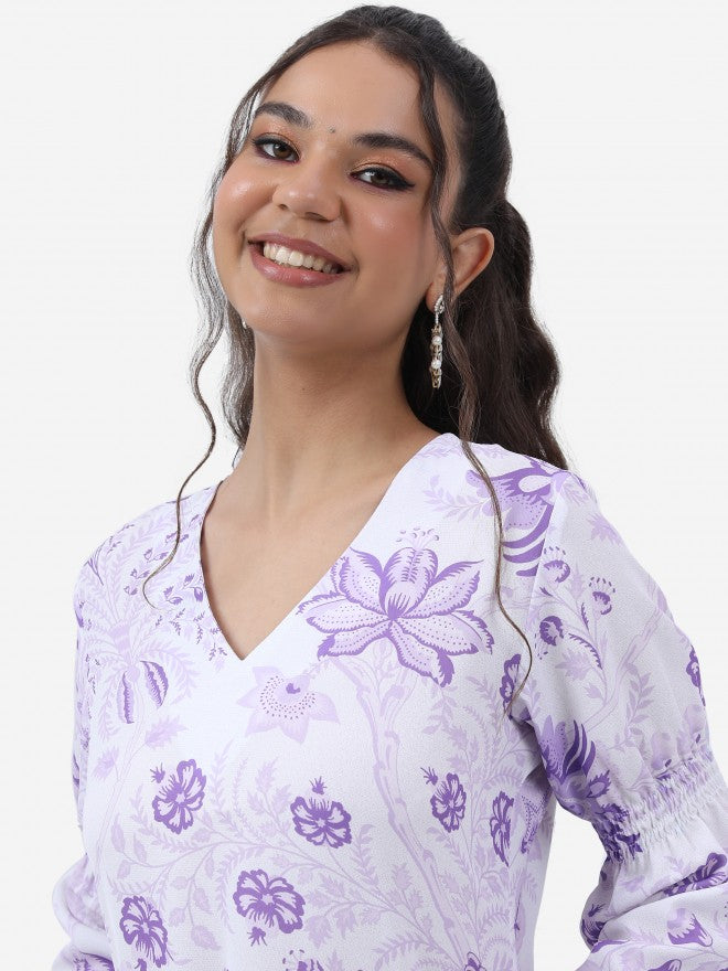 Vishudh Women Lavender Printed Kurta With Trouser - Lavender - Image 2