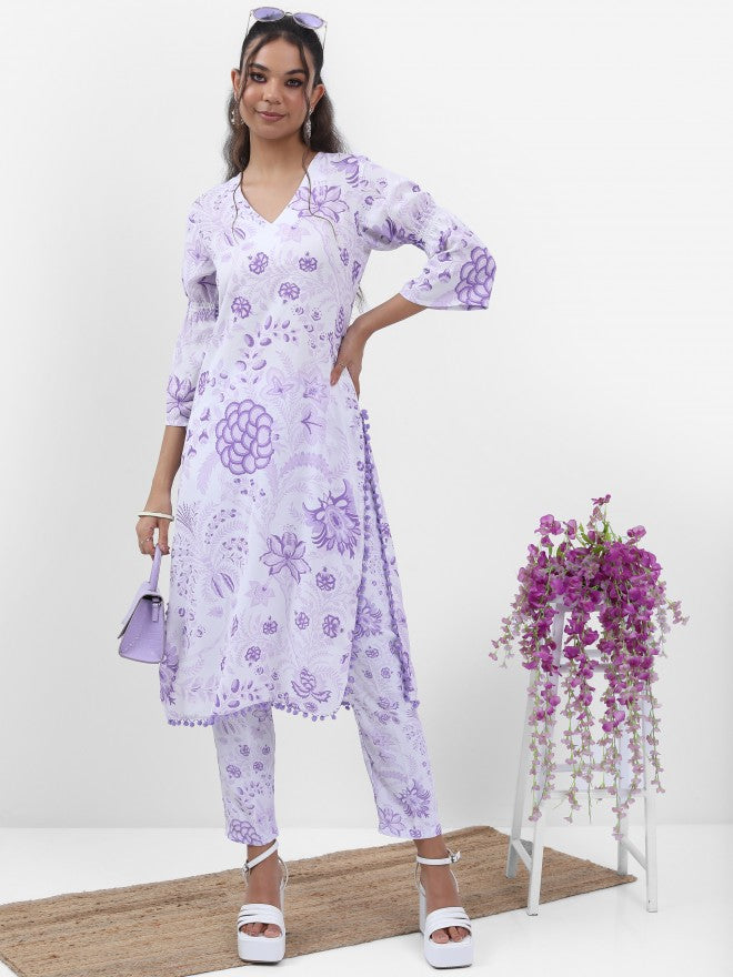 Vishudh Women Lavender Printed Kurta With Trouser - Lavender - Image 4